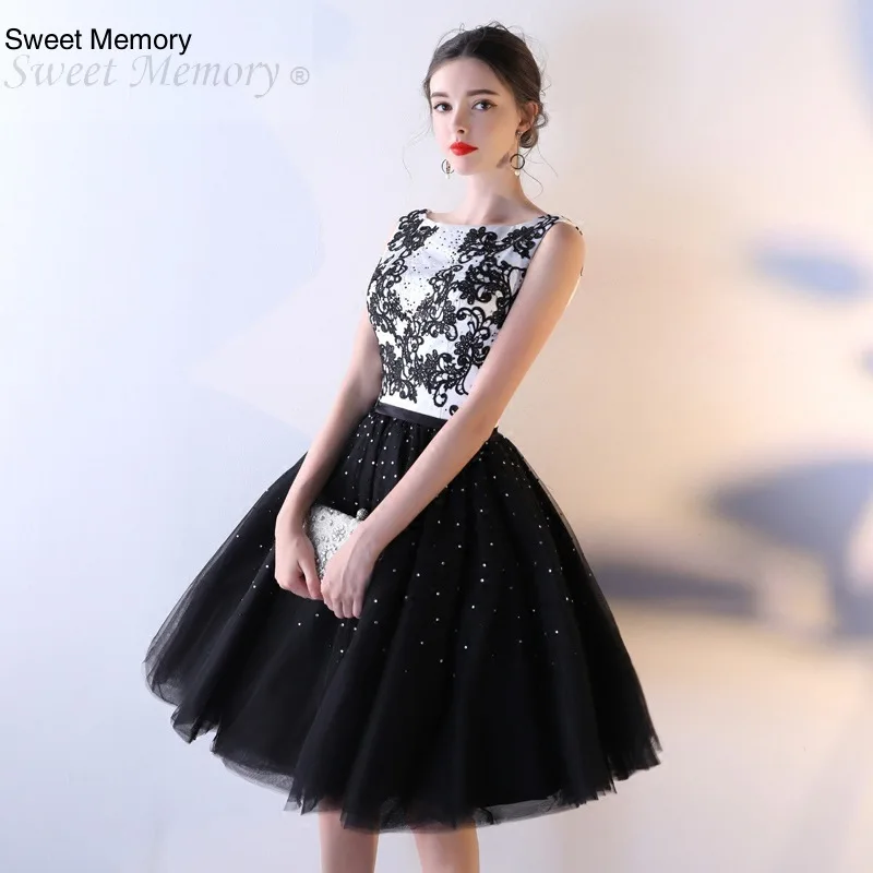 

Sweet Memory Short Black Tulle Prom Dresses Girl Women Vintage Lace Ball Gown With Crystal Plus Size Evening Party Dress