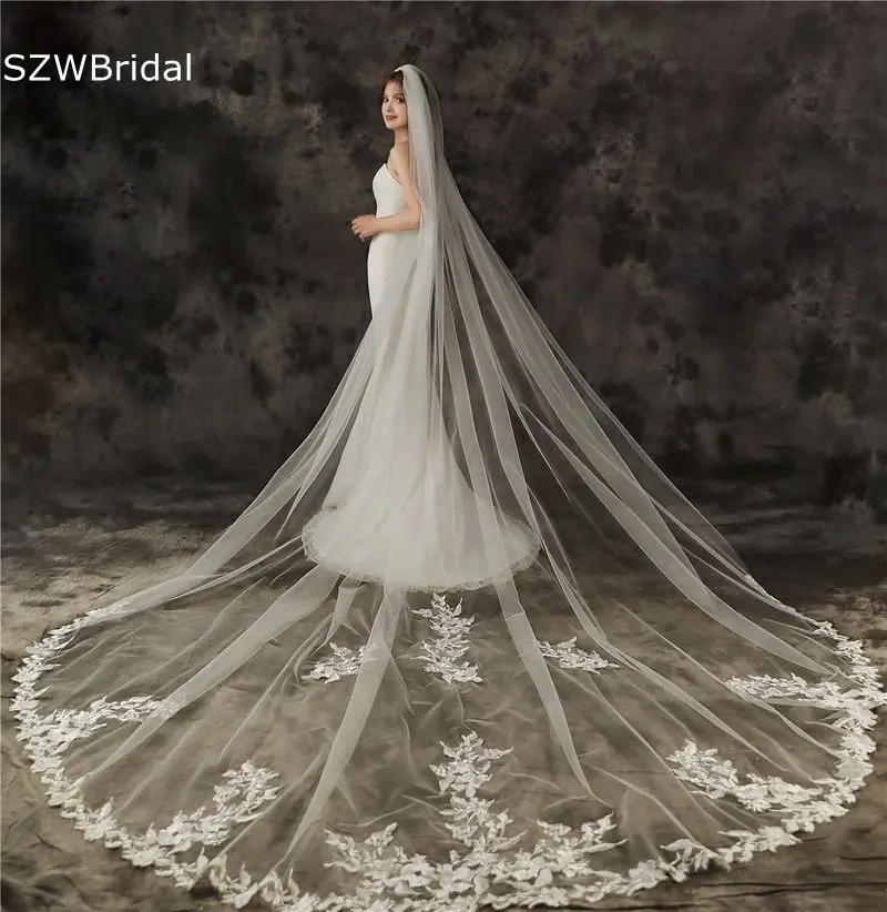 

New Arrival Welon ivory Cathedral Wedding Veils Long Lace Applique Bridal Veil with Comb Wedding Accessories 2024 Voile mariee