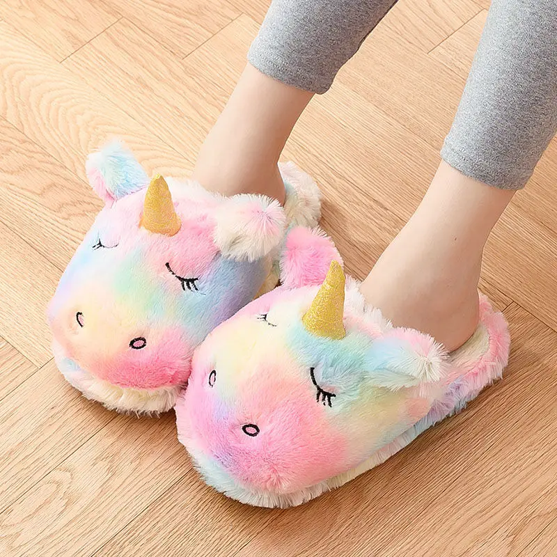 

Hot Girl's Home Lovely Plush Soft Shoes Women Indoor Warm Colored Cartoon Unicorn Slippers Ladies Funny Furry Comfortable Slides