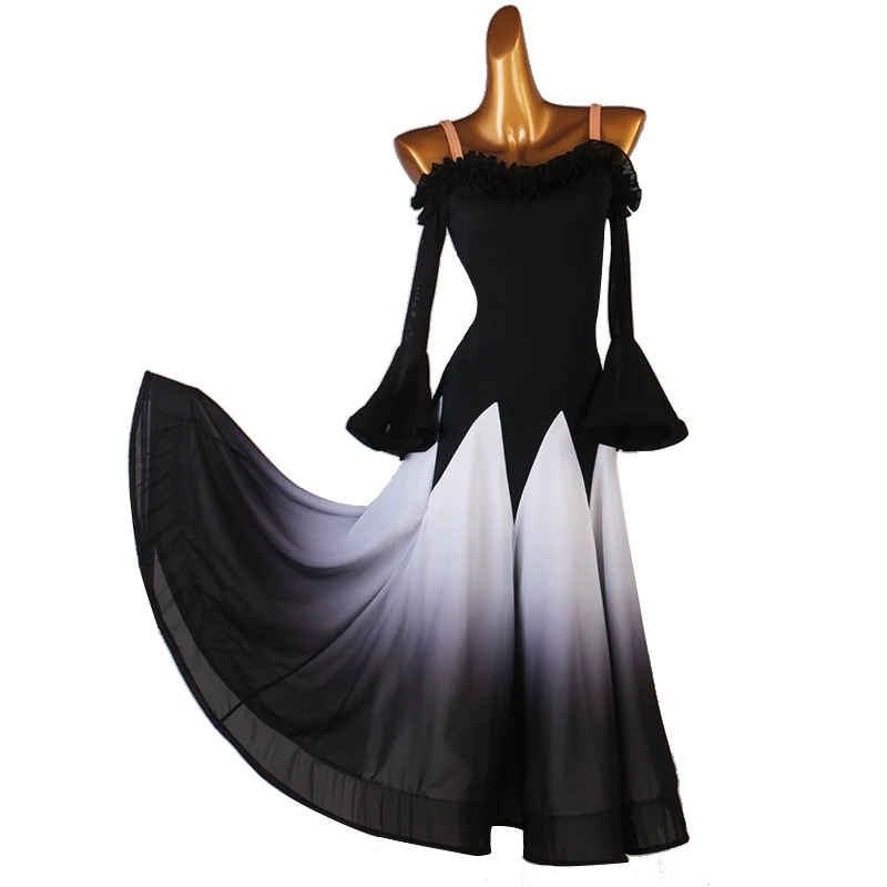 

black white gradient standard ballroom dress long dresses Women Stage Waltz Ballroom Dress ballroom dress competition mq265