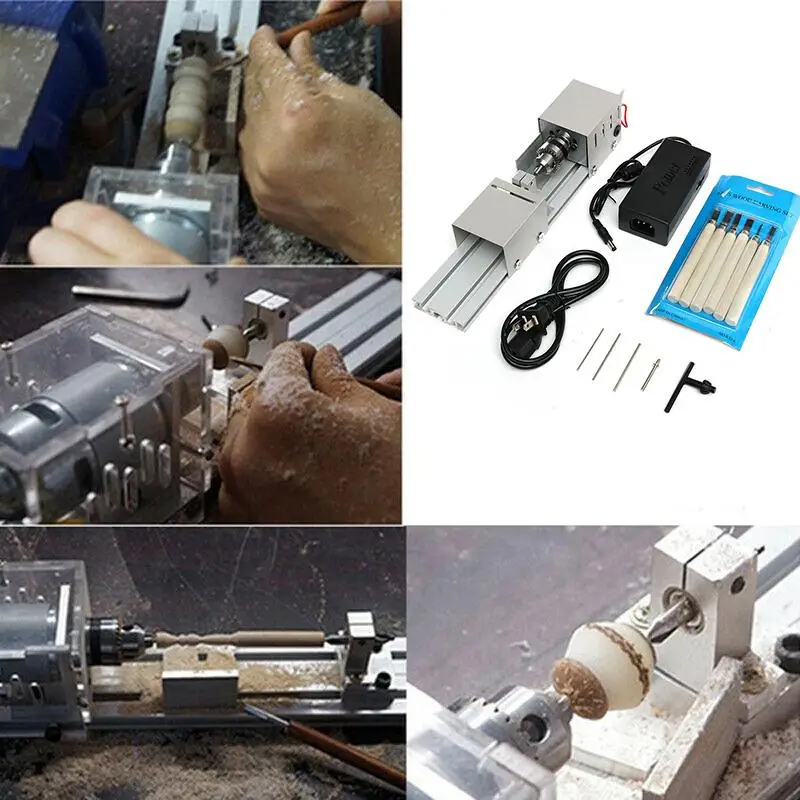 200W Mini Lathe Beads Machine Woodwork DIY Lathe Polishing Drill Set with Adapter Carving Cutter Wood Lathe and 6 Carving Blade