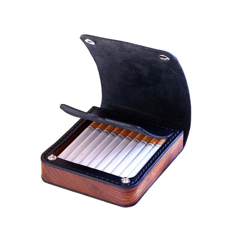 Handmade Wooden Leather Cigarette Case Portable 20 Sticks Moisture-proof Clamshell Snap Button Retro Cigarette Storage Box Gifts