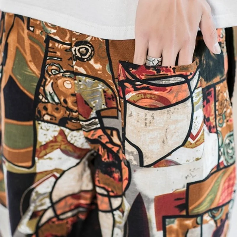 

Hip Men Hop Harem Pants Chinese Style Floral Loose Thin Cross-Pants Summer Street Elastic Waist Casual Ankle-Length Pants 5XL