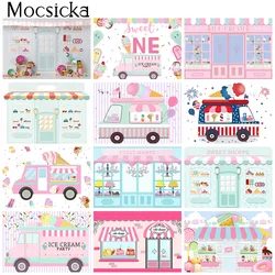 Ice cream birthday backdrop Sweet Truck Shop Girl Happy Birthday Photo Background Pink Car   Cake Table Banner