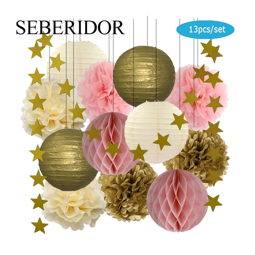 Kids Boy 13th Birthday Bar Mitzvah Party Favor Decor Gold Navy Blue Round Paper Lantern White Honeycomb Baptism DIY Glitter Star