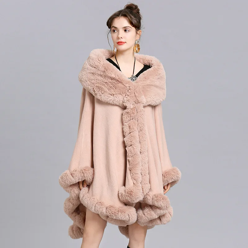 16 Colors Women Cloak Pashmina Batwing Sleeves Shawl Coat Oversize Winter Big Faux Fox Fur Neck Plus Size Poncho Out Streetwear