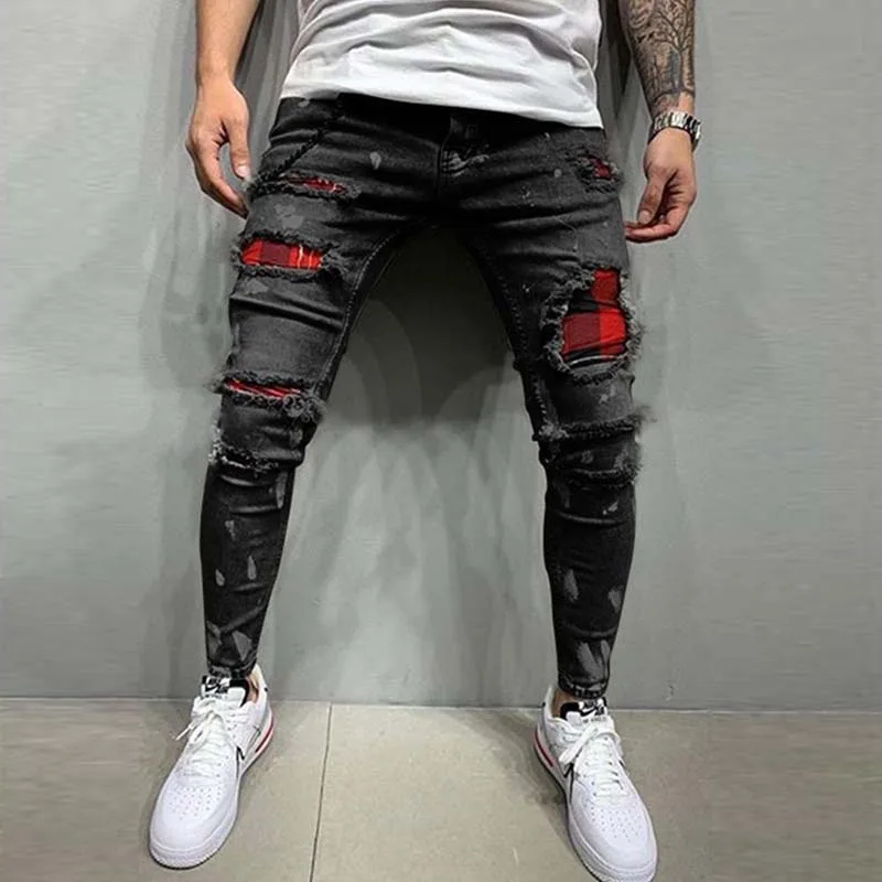 

Fashion Mens Skinny Ripped Jeans Grid Beggar Patches Slim Fit Stretch Casual Denim Pencil Pants Painting Jogging Trousers Men