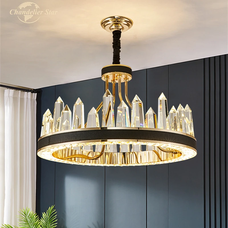 Luxury LED Chandeliers Lighting Modern Round Iceberg Leather Crystal Iron Lamps Lustre Bedroom Living Room Villa Lights Fixture