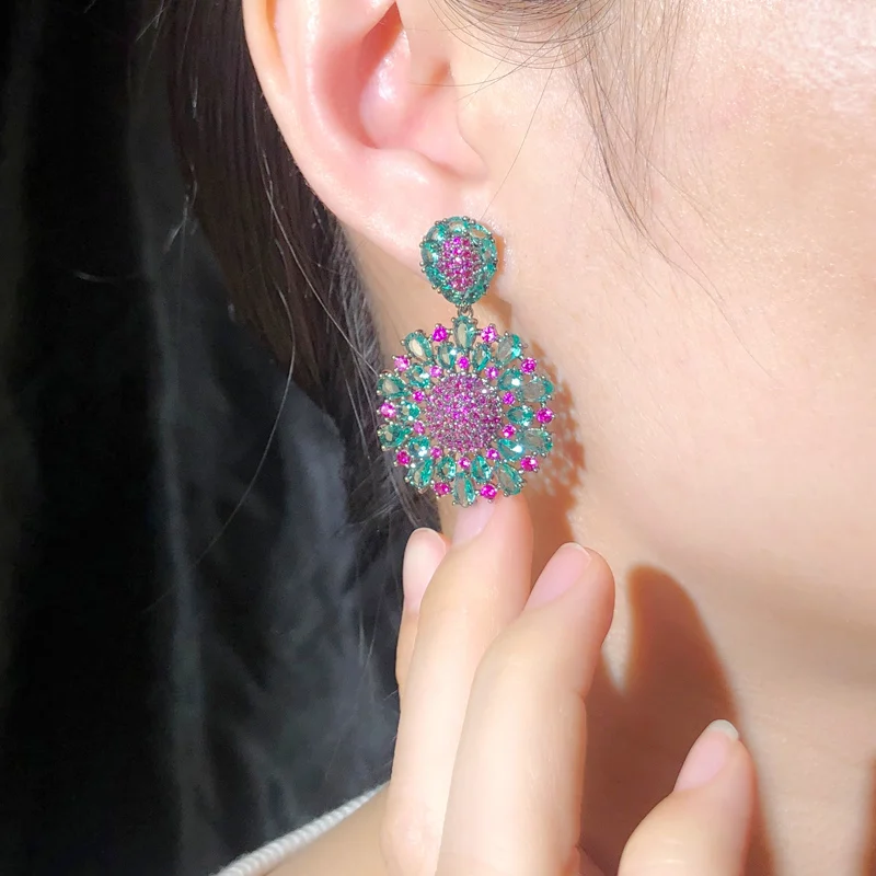 CWWZircons Aesthetic Brazilian Hot Pink and Blue Cubic Zirconia Crystal Big Dangle Drop Flower Party Earrings for Women CZ701