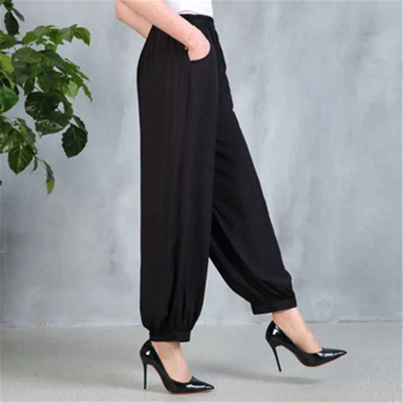 UHYTGF Trousers For Women 2022 Fashion Cotton Silk Printing Casual Spring Summer Pants Female Elegant 5XL Loose Size Pants 1615