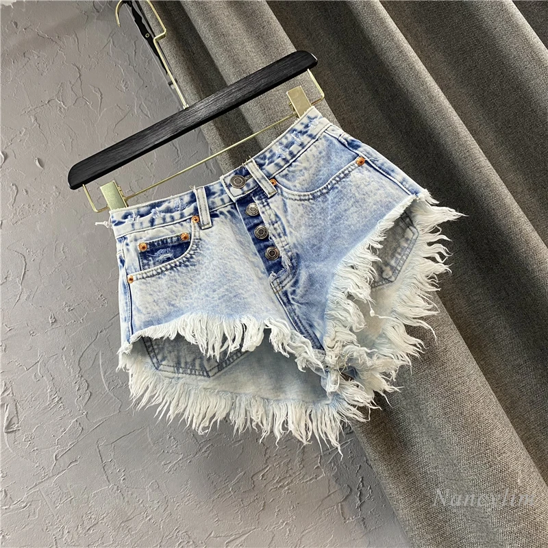 Women's Jean Shorts Summer High Waist Single-Breasted Wide Leg Hot Pants Ripped Fringed Burr Denim Short Femme Ropa Mujer