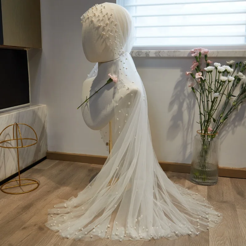 2022 nova tule cachecol véu de casamento elegante cabeça capa de noiva com pérolas beading velo novia voile femme musulman