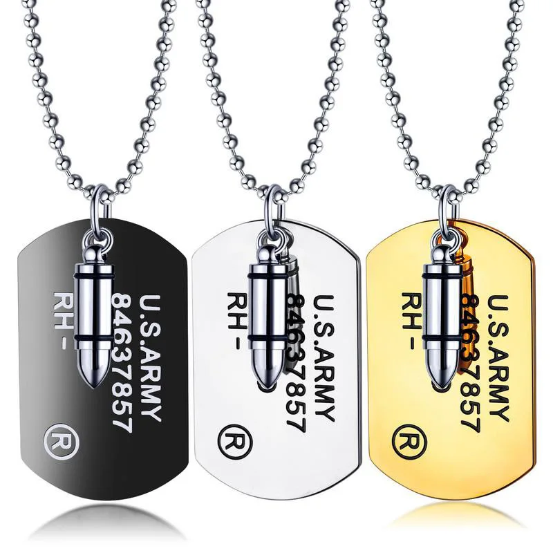 High Quality Fashion Men Military Army Bullet metal Charm Dog Tags SINGLE EMBOSSED Chain Pendant Necklace Jewelry Gift