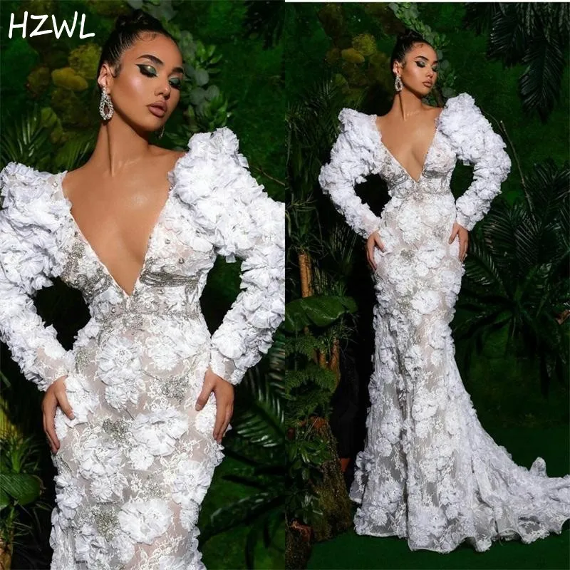 Deep V-neck Dubai Arabic Mermaid Evening Dresses Sexy Full Lace 3D Floral Long Sleeve Prom Dress Celebrity robe de soiree Runway