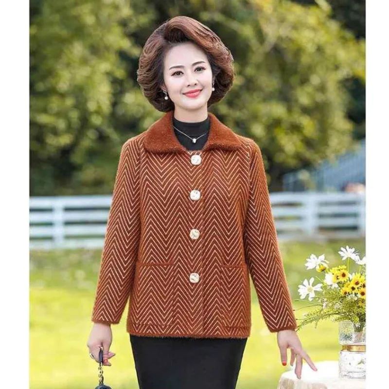 Mother Clothes Autumn Winter Imitation Mink Velvet Jacket Middle Aged Women Short Sweater Knitted Cardigan Coat Outwear4XL