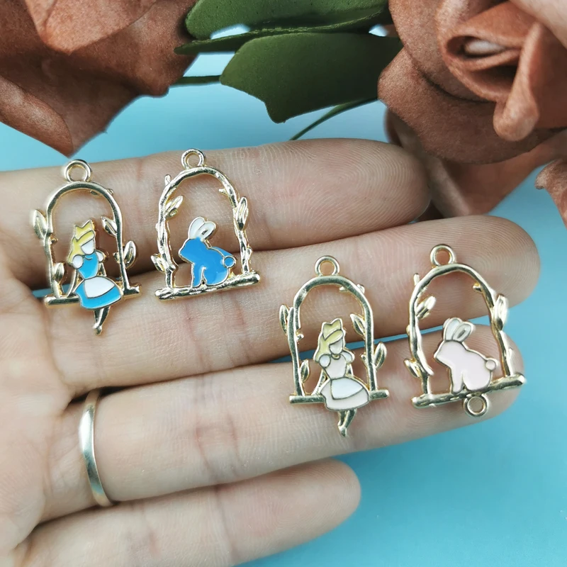 10Pcs Cartoon Alice in Wonderland Alice Girl and Rabbit Enamel Dangle Charms Pendant for Women DIY Handmade Jewelry Accessories