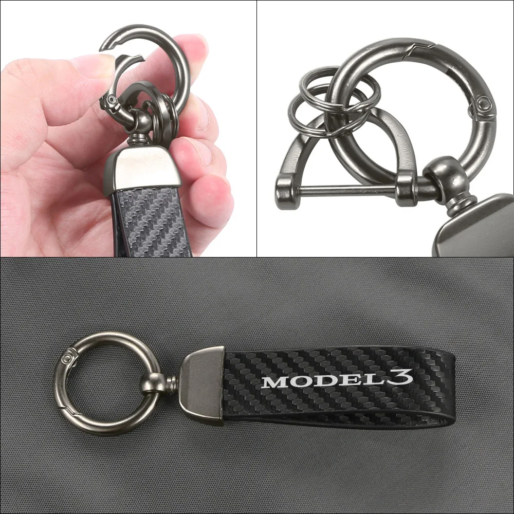 Car PU Leather Carbon Fiber Pattern Keychain 360 Degree Rotating Keyring Auto Accessories For Tesla Model 3 X S Y P100D SpaceX