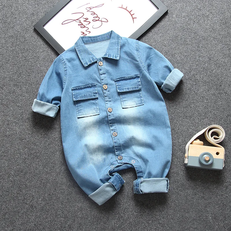 Spring Autumn Newborn Baby Hooded Romper Jumpsuit Long Sleeve Denim Blue Bodysuit with Pockets Outfits