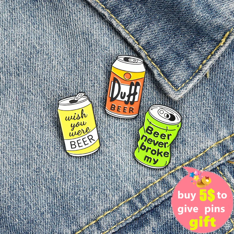 BEER NEVER BROKE ME Enamel Needle Duff Beer Cartoon Green Yellow Brooch Clothe Lapel Pin Badge Jewelry Gift for Friend Wholesale