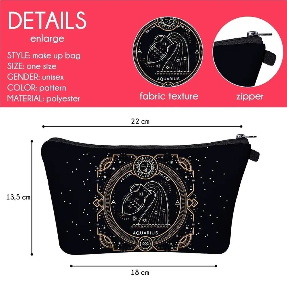 Newest Style Mysterious Black Zodiac Exclusive Custom Makeup Bag Toiletry Bag for Travelling Makeup Brush Bag Wash Pouch