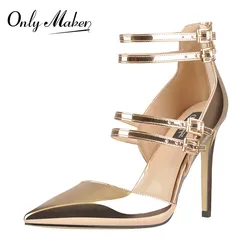 Onlymaker Women's Pointed Toe Black And Gold Ankle Strap Pumps Buckle Belts Zipper stiletto Party Thin High Heels