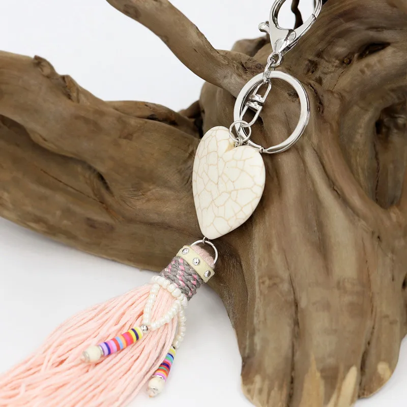 Mode Frauen Tasche Zubehör Anhänger Herz-förmigen Stein Quaste Schlüssel Kette Weiblichen Geschenk Boho Schmuck Auto Keychain – Detail 5