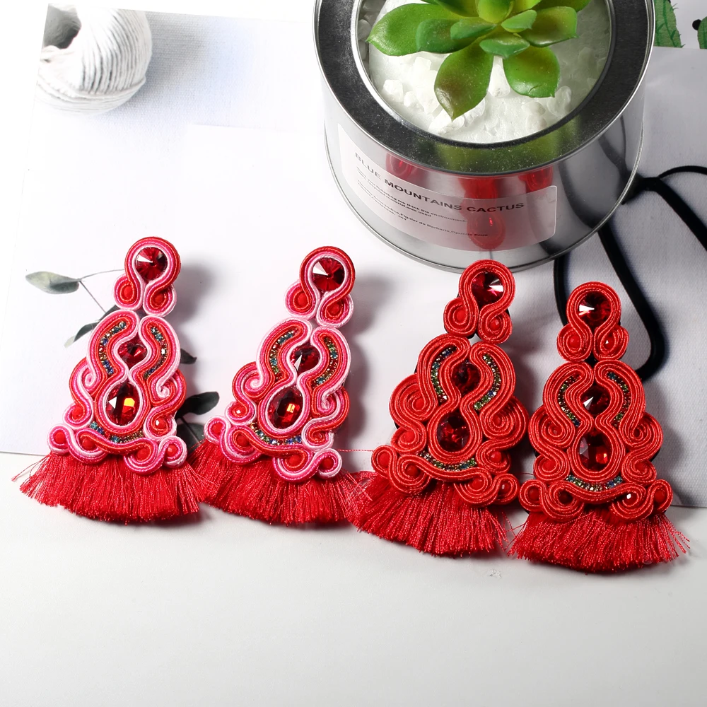 Exquisite Jewelry Soutache Tassel Women's Earrings design Handmade braid Ethnic boho Large Dangle Earring 2020 trend blue red