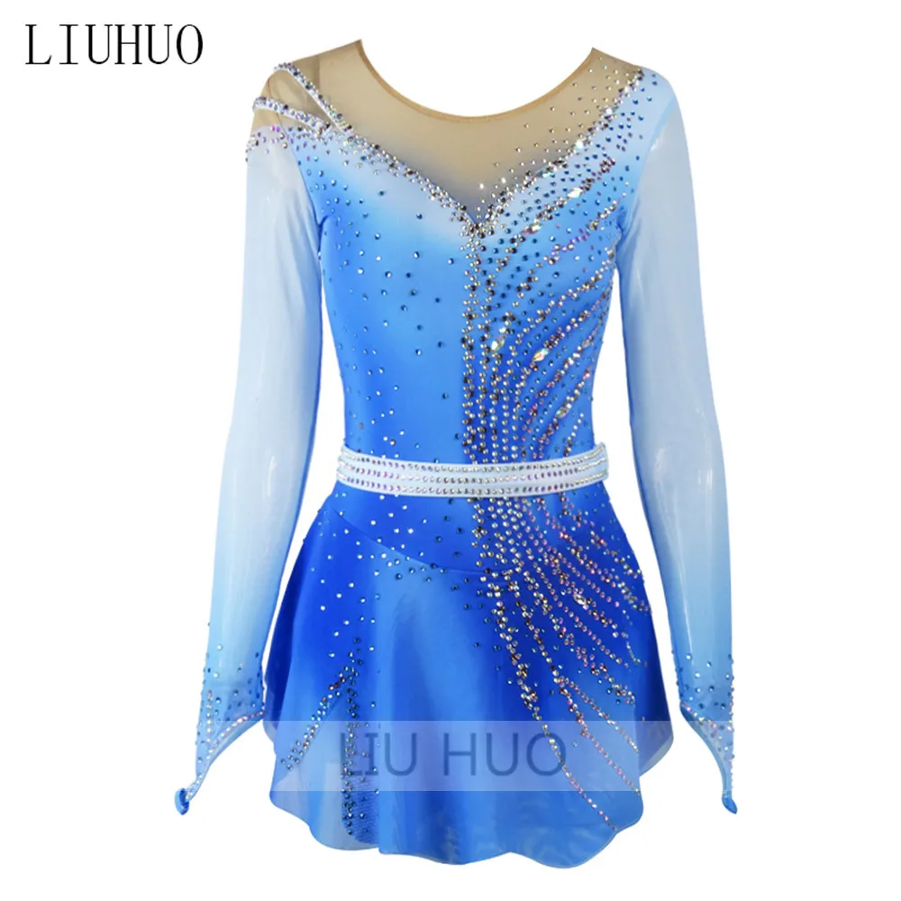 LIUHUO Figure Skating Dress Women\'s Girls\' Ice Roller Competition Tights Performance Leotard Dance Adult Gymnastics Kid Blue