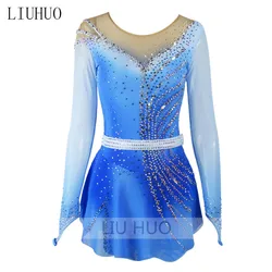 LIUHUO Figure Skating Dress Women's Girls' Ice Roller Competition Tights Performance Leotard Dance Adult Gymnastics Kid Blue