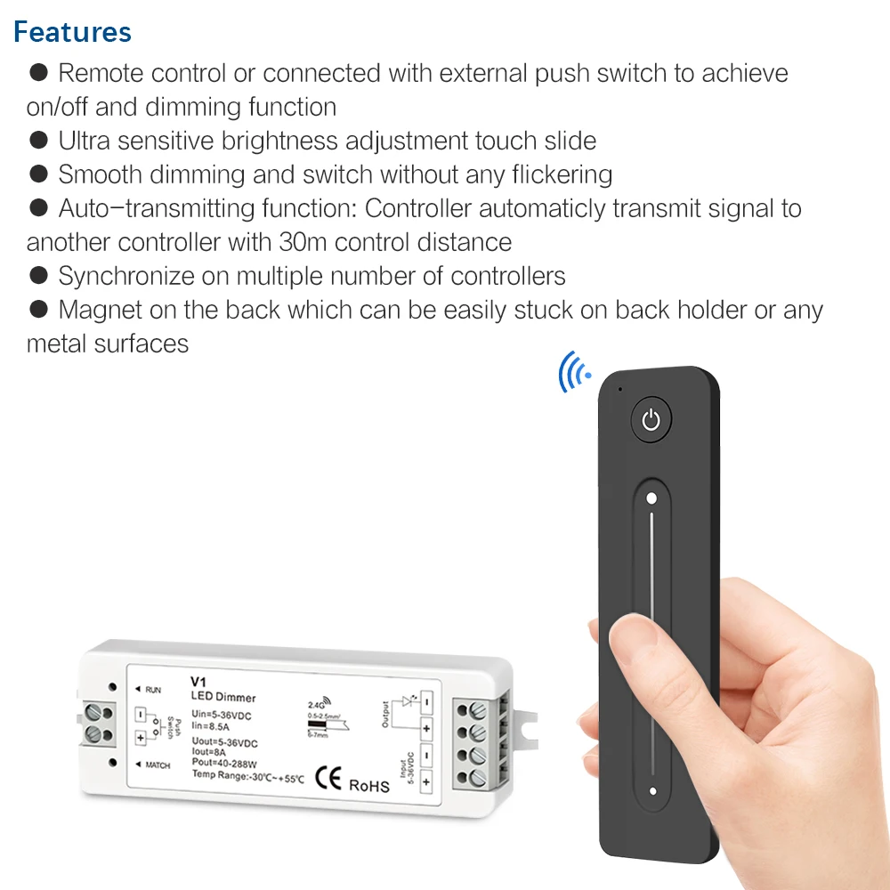 LED Dimmer 12V 5V 24V 36V 8A PWM Wireless RF Switch with 2.4G brightness adjustment touch  Remote for Led Single Color strip