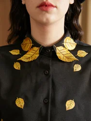 LYNETTE'S CHINOISERIE Spring Autumn Original Design Women Exquisite Golden Leaves Embroidery Loose Black Shirts/Blouses
