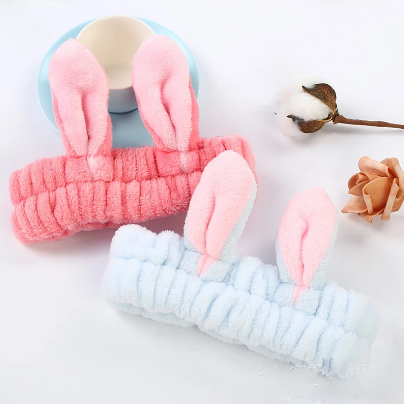 1PC Wash Face Hairbands Soft Warm Coral Fleece Headband Bath Spa Mask Elastic Fluffy Hair Warp bunny Ear Headwrap