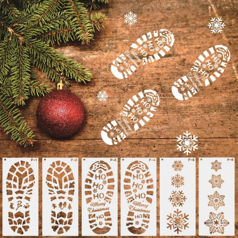 6pc Christmas Footprints Snowflakes Stencil DIY Walls Layering Painting Template Decor Scrapbooking Embossing Supplies Reusable