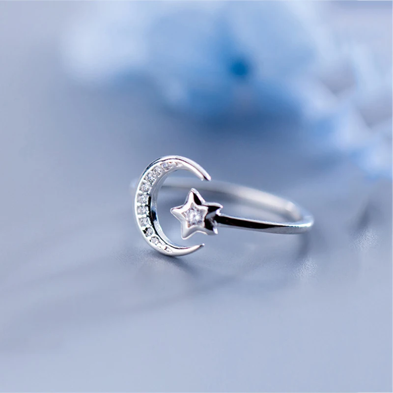 Real 925 Sterling Silver Minimalist Zircon Moon Star Opening Ring For Charming Women Party Fine Jewelry Cute 2019 Gift