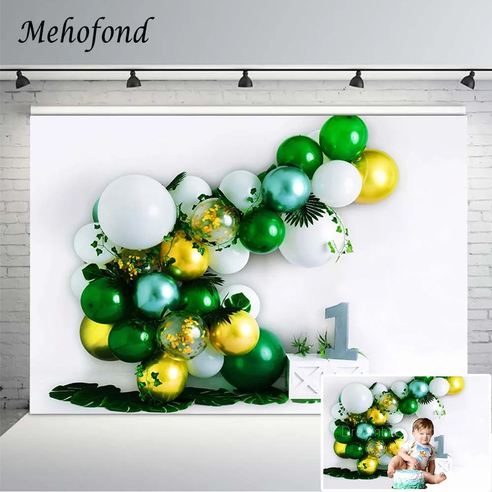 

Boy 1st Birthday Party Backdrop Jungle Safari Glitter Green Leaves Balloons Photography Background Photo Studio Photozone Vinyl