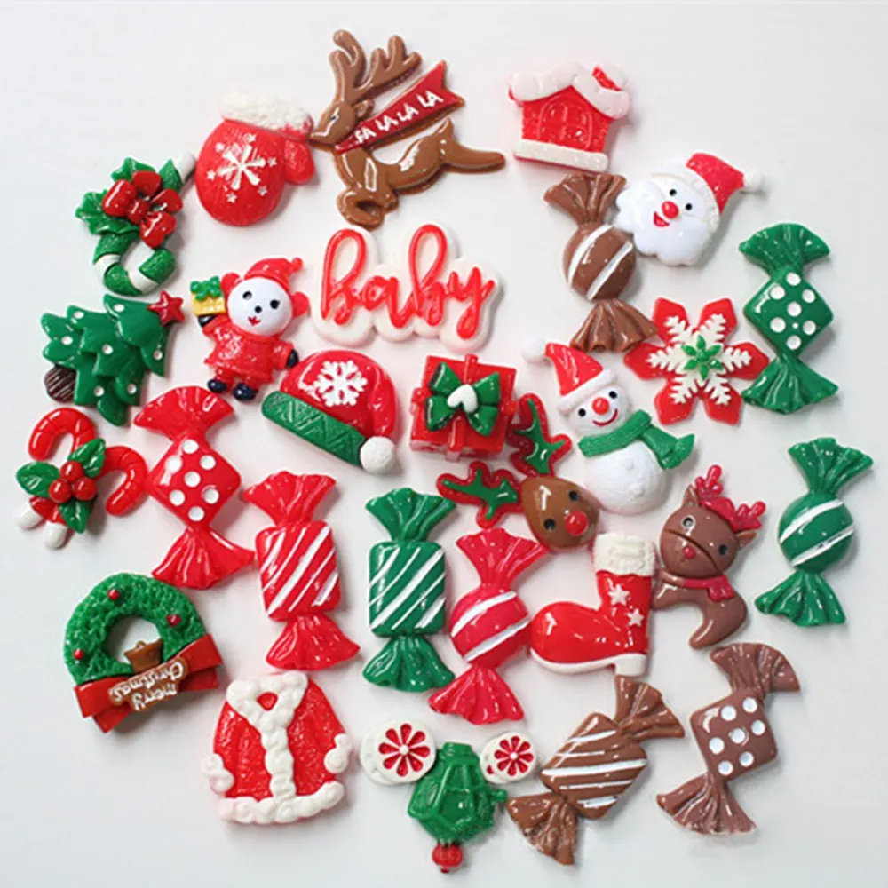 100pcs/lot Red green Christmas 3D resins patches for Christmas day diy decoration crafts phone hair accessories wholesale