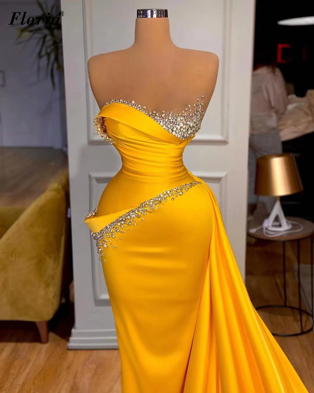 3 Designs Yellow Mermaid Evening Dresses Long Beads Evening Gowns For Women Turkish Couture Special Occasion Dresses платье