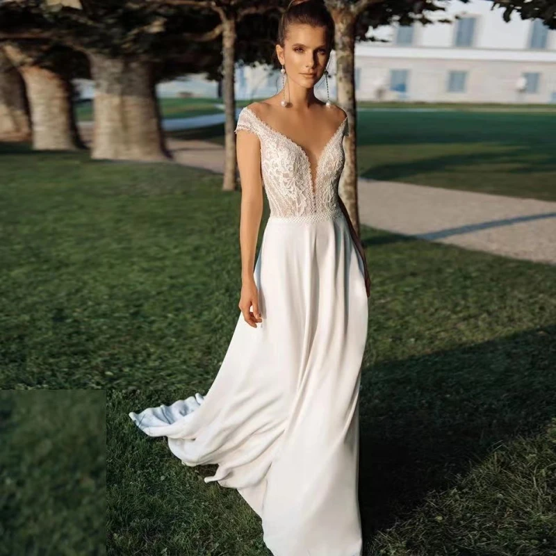 Robe de Mariée Boho en Mousseline de Soie Blanche à Col Transparent, Vêtement Rustique, Simple, à Manches Cape, de Plage, pour Patients, Personnalisé, 2024