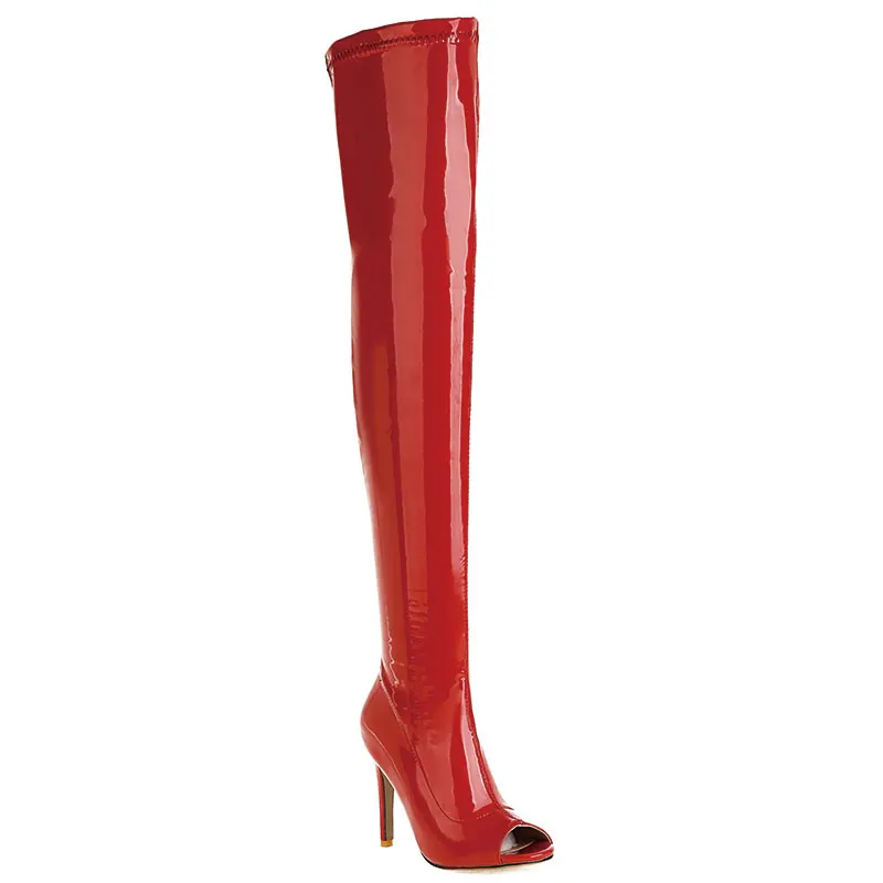 Lasyarrow 2021 Women Over the Knee Boots Patent Leather Peep Toe Women Thin High Heel Boots Sexy Nightclub Ladies Stretch Boots