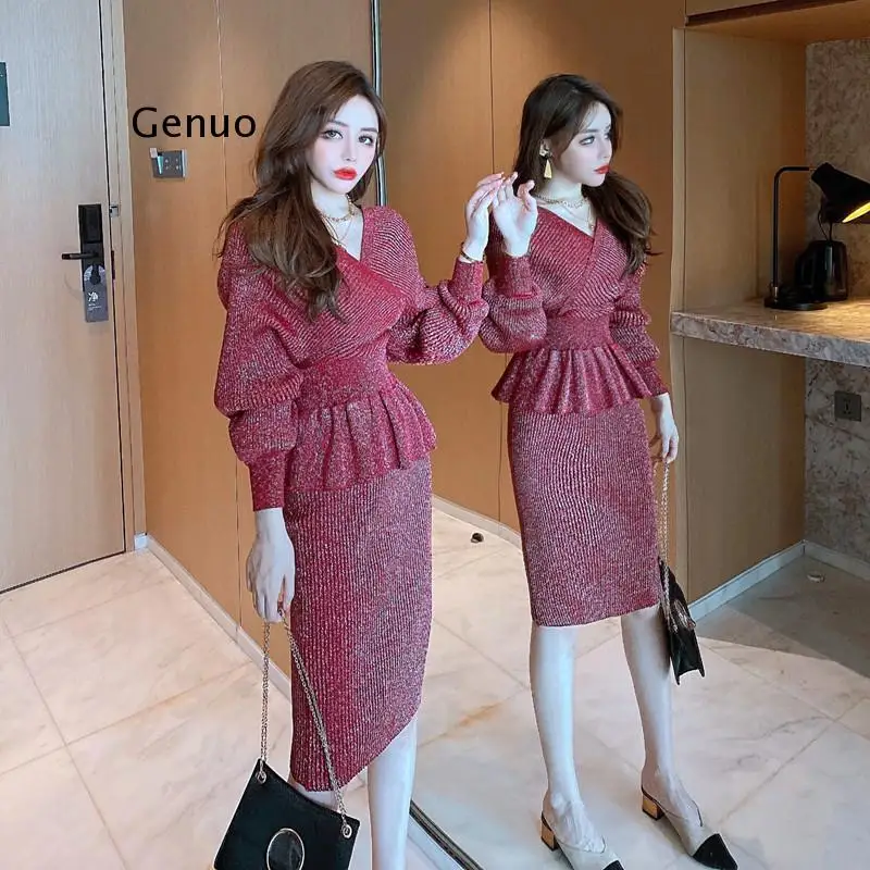 Knitted Two Piece Set Women Solid Lurex Office Lady Ropa Mujer V Neck Short Sweaters + Long Skirts 2021 Clothes