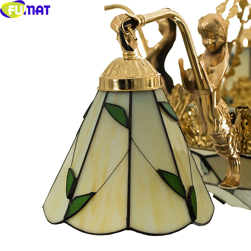 FUMAT Tiffany Style Clover Green Leafs American Chandeliers Multi Light Alloy Gold Mermaid Frame Pendant Lamp Dimming Decorative