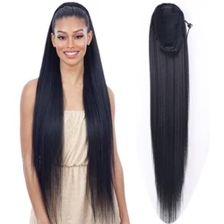 30inch Long Afro Puff Yaki Straight Drawstring Ponytail Natural Synthetic Fake Poney Tail Clip in Hair Extensions Elastic Band