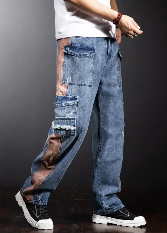 Multi-Pocket Loose Cargo Jeans Men Straight Fashion Wide-Legged Denim Pant Patchwork Baggy Jeans Size 29-40