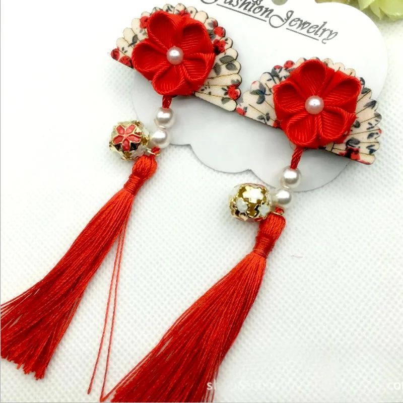 

1 Pair Maru-Tsumami Kanzashi Flower Fan Shape Hair Clip Bell Traditional Japanese Style Kimono Accessory Outfit HW048