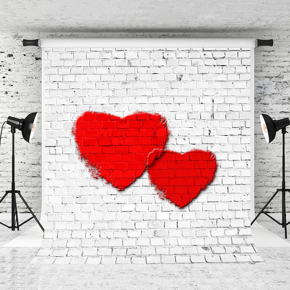 

VinylBDS Valentine'S Day Photography Backdrop White Brick Wall Photo Studio Backdrop Heart Microfiber Photo Shoot Backdrop