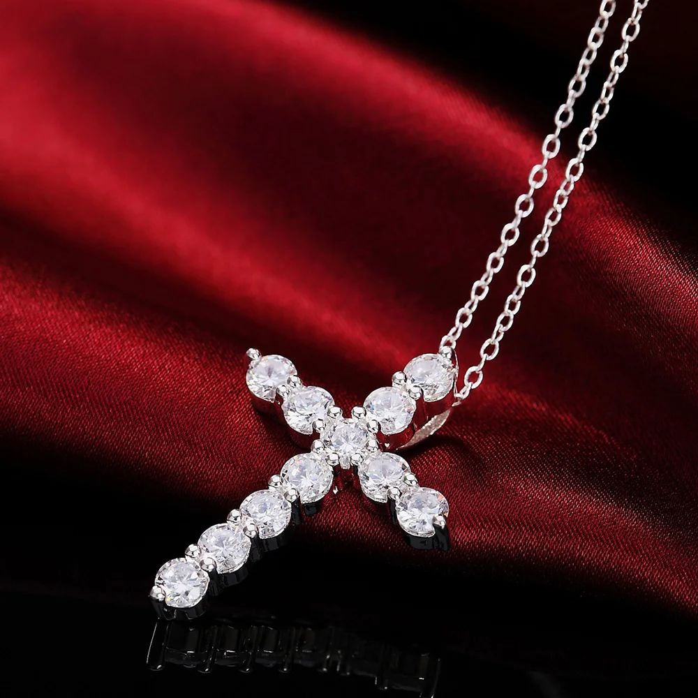 New 925 Sterling Silver Necklace Zircon Cross Pendant Necklace for Woman Men Glamour Jewelry Gift image 5