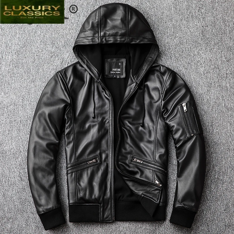 Genuine Natural Streetwear 100% Leather Jacket Men Autumn Spring Clothes 2021 Moto Biker Real Sheepskin Coat Hood Jackets