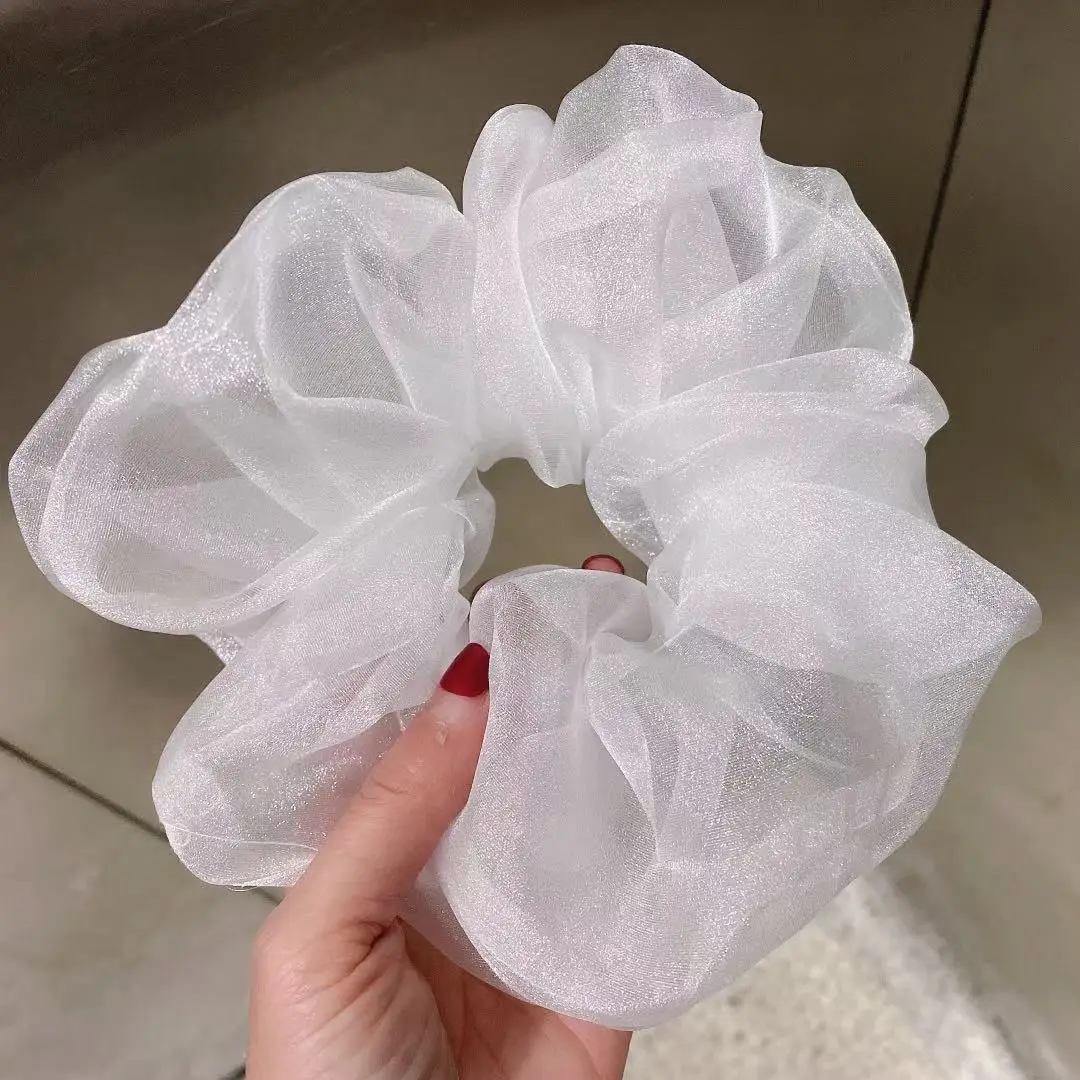 Korean Oversized Premium Shiny Organza Hair Scrunchies Statement Solid Transparent Hair Band Women Fashion Hair Rope Headdress