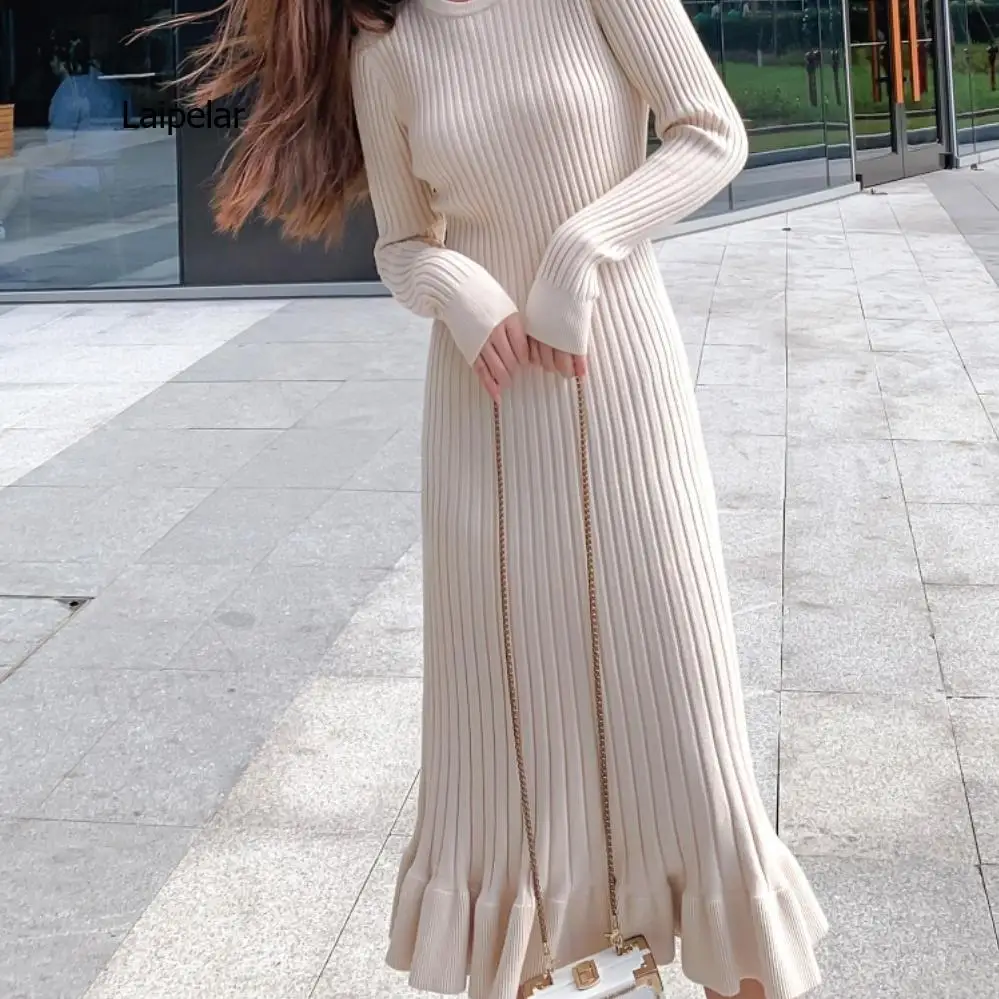 

Women's Long Sleeve Long Dress Elegant O-Neck Garment 5 Colors Match with Everything Fashion Autumn and Winter