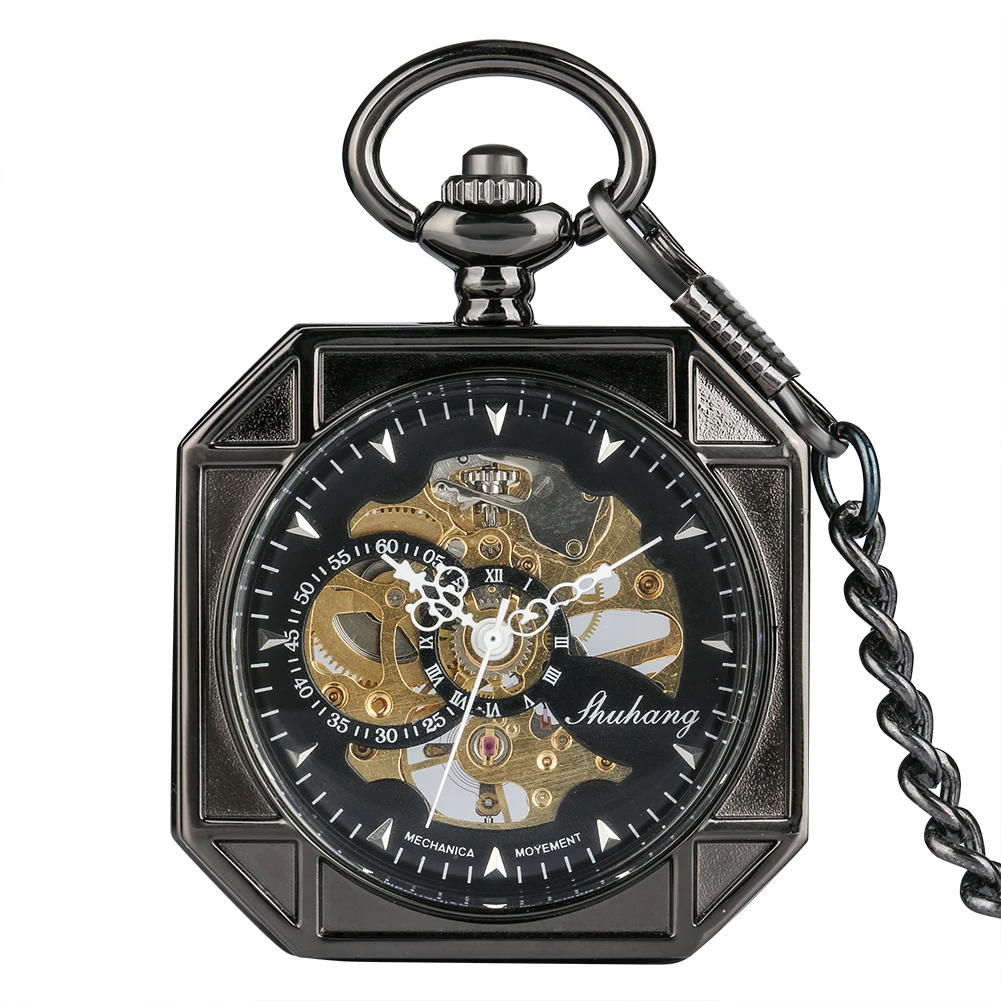 Bronze Octagonal Mechanical Hand Wind Pocket Watch Hollow Out Skeleton Dial Fob Chain Pendant Watch Clock Hours Men Women Gifts